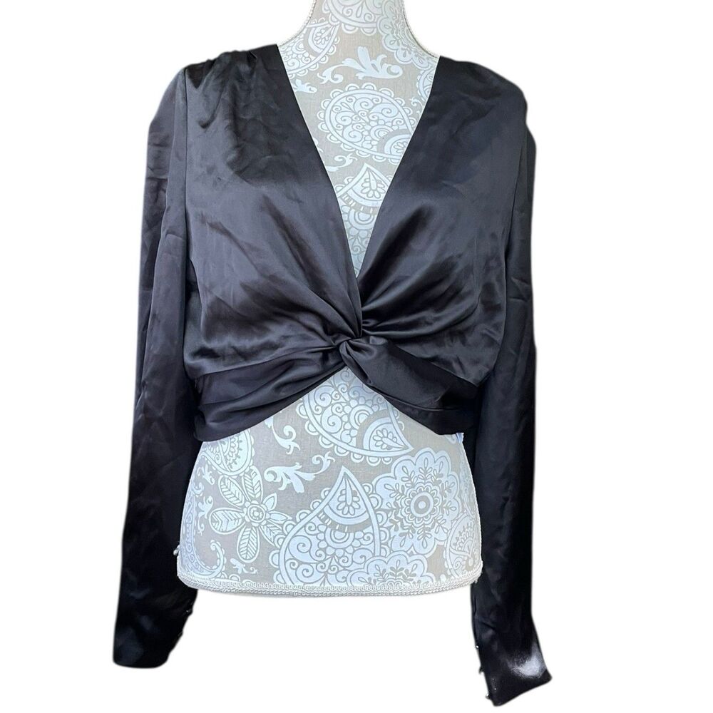 Spring + Mercer Black Satin Twist Front Blouse XL Cropped Party Top Whimsigoth